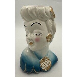 Vintage Glamour Girl Betty Grable Head Face Bust Vase Blue/Gold Decor 7.5”